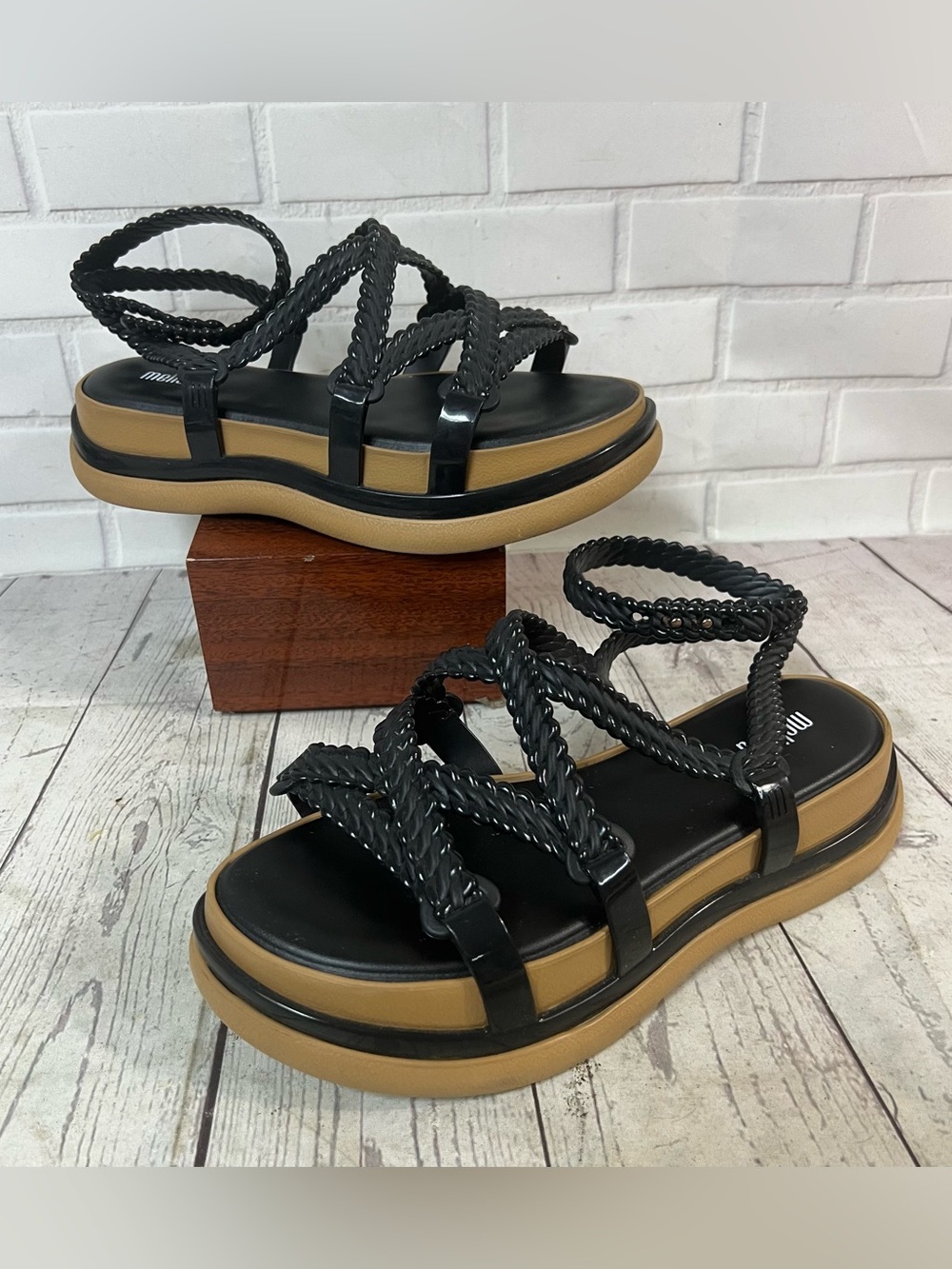 Melissa Búzios Platform Sandals Black Beige Braided Jelly Strappy Vegan Size 6